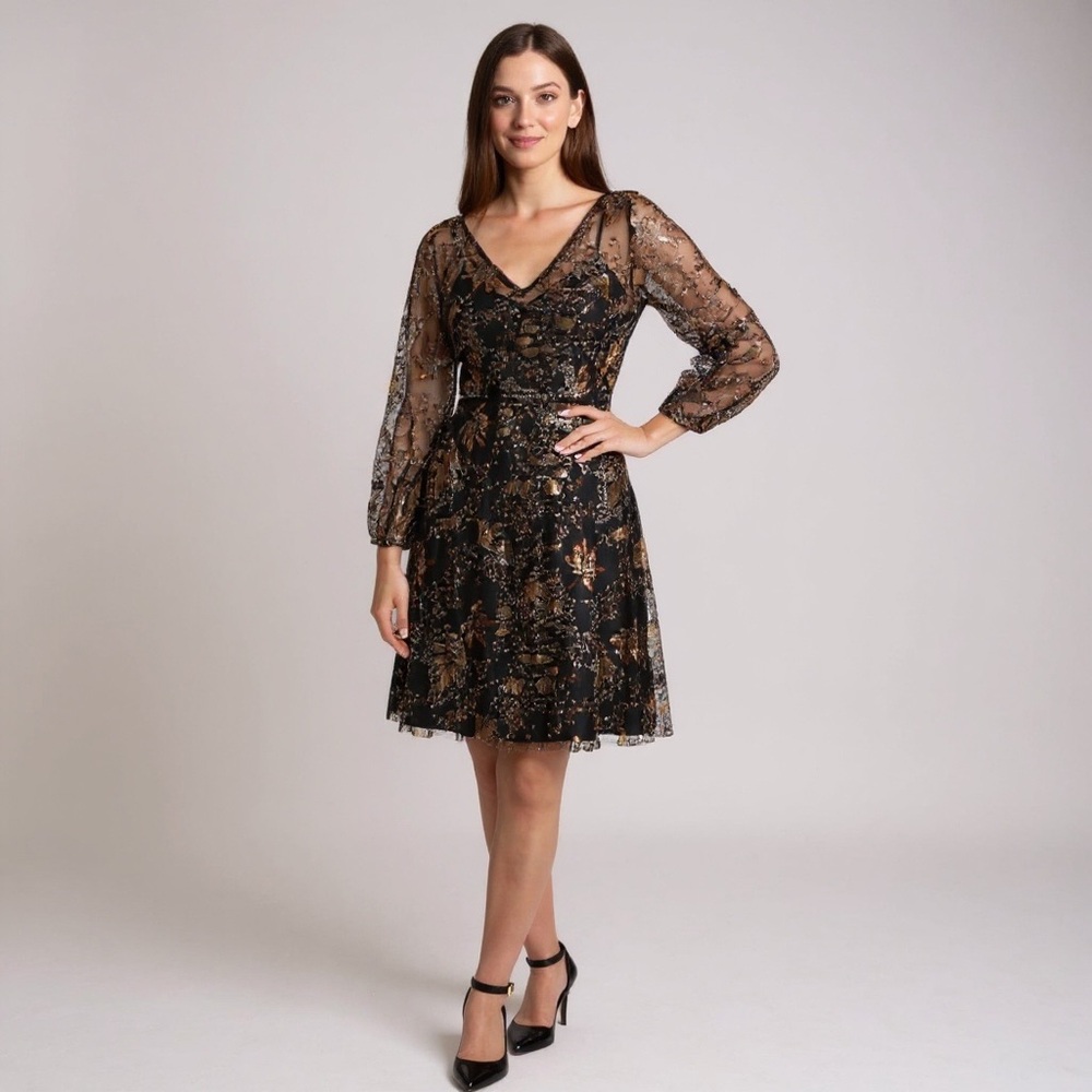 Maggy London Gold Black Long Sleeve Sequin Mini Dress  Party Dress NEW $188